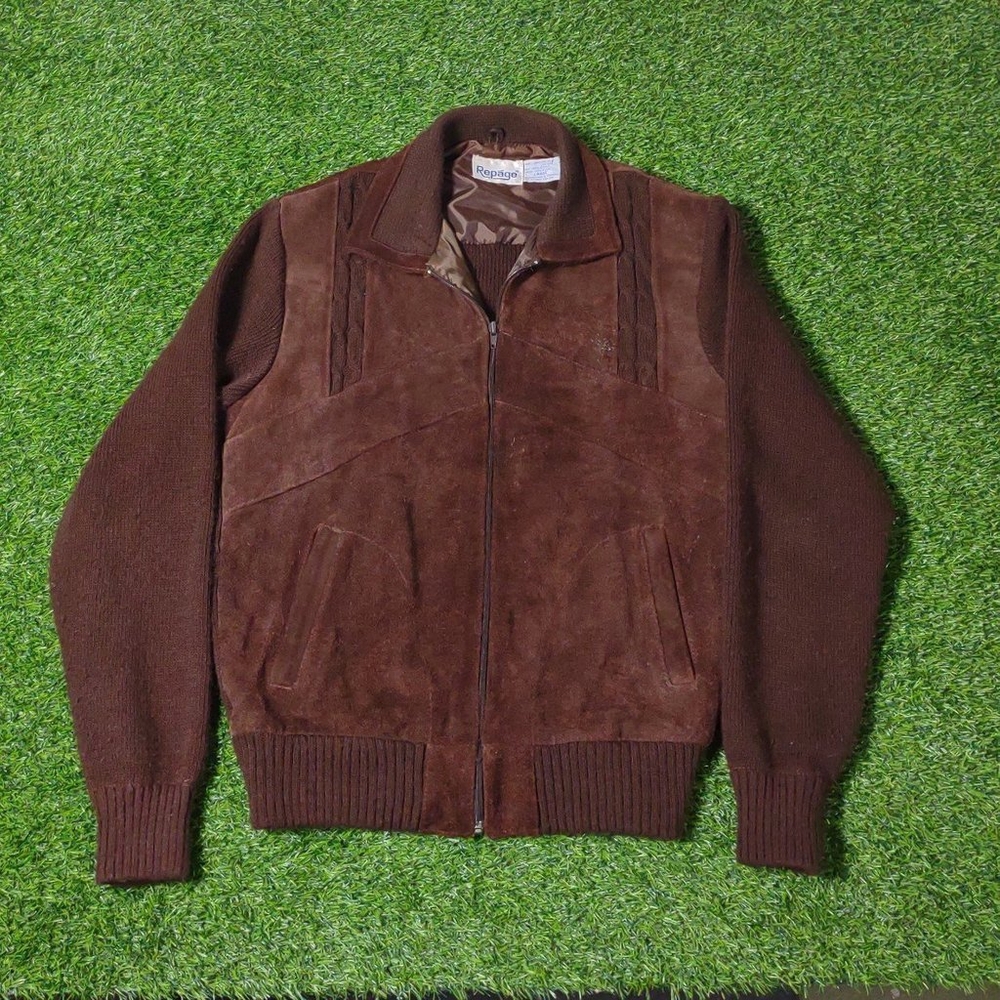 VINTAGE 80S MENS BROWN KNIT SWEATER JACKET FULL ZIP REPAGE BRAND VTG